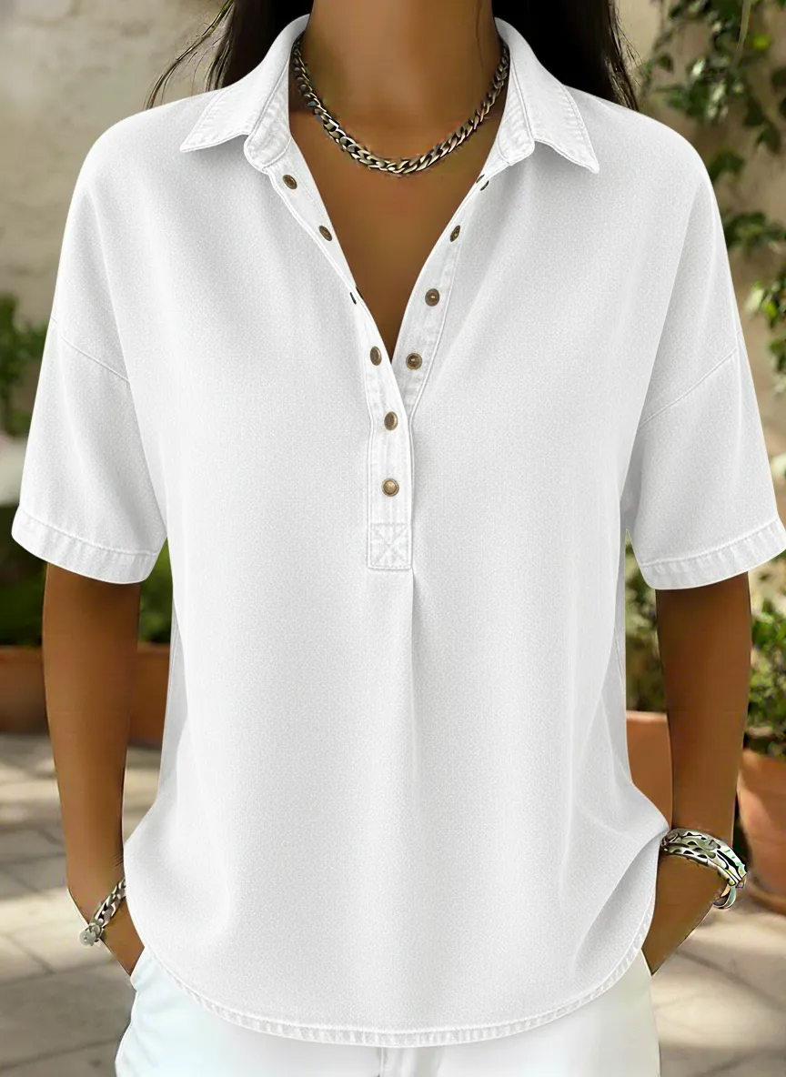 🔥Women's Relaxed Denim-Style Button Detail Top