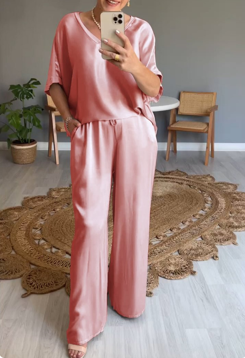 Women's V-Neck Tops Long Pants Set Casual Loose Outfit Summer Homewear Suit