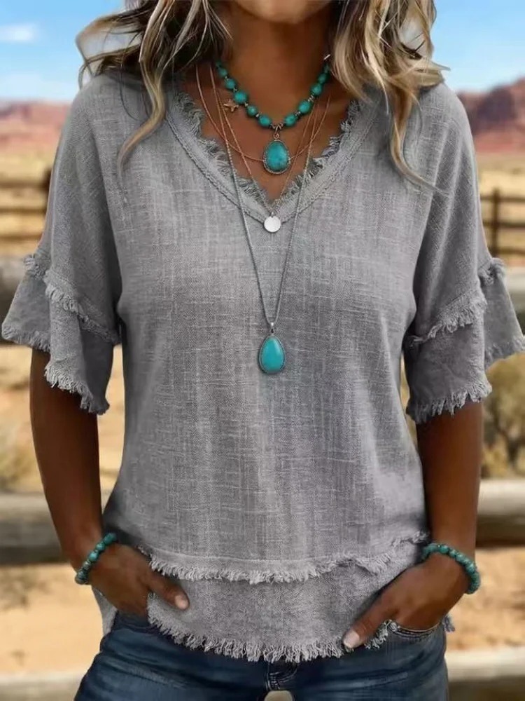 Women's Linen Blend Fringe V-Neck Top