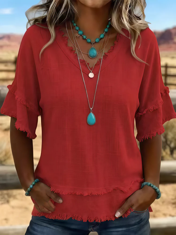 Women's Linen Blend Fringe V-Neck Top