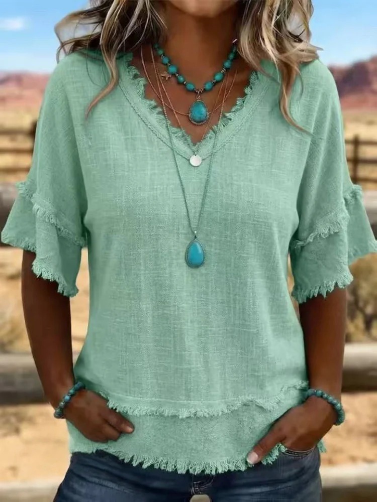 Women's Linen Blend Fringe V-Neck Top