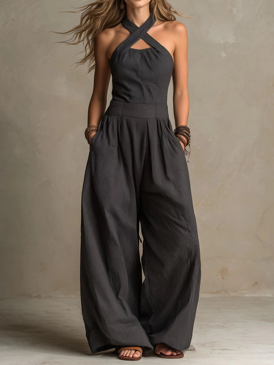 Women's Cross-neck Halter Design Cotton-linen Jumpsuit