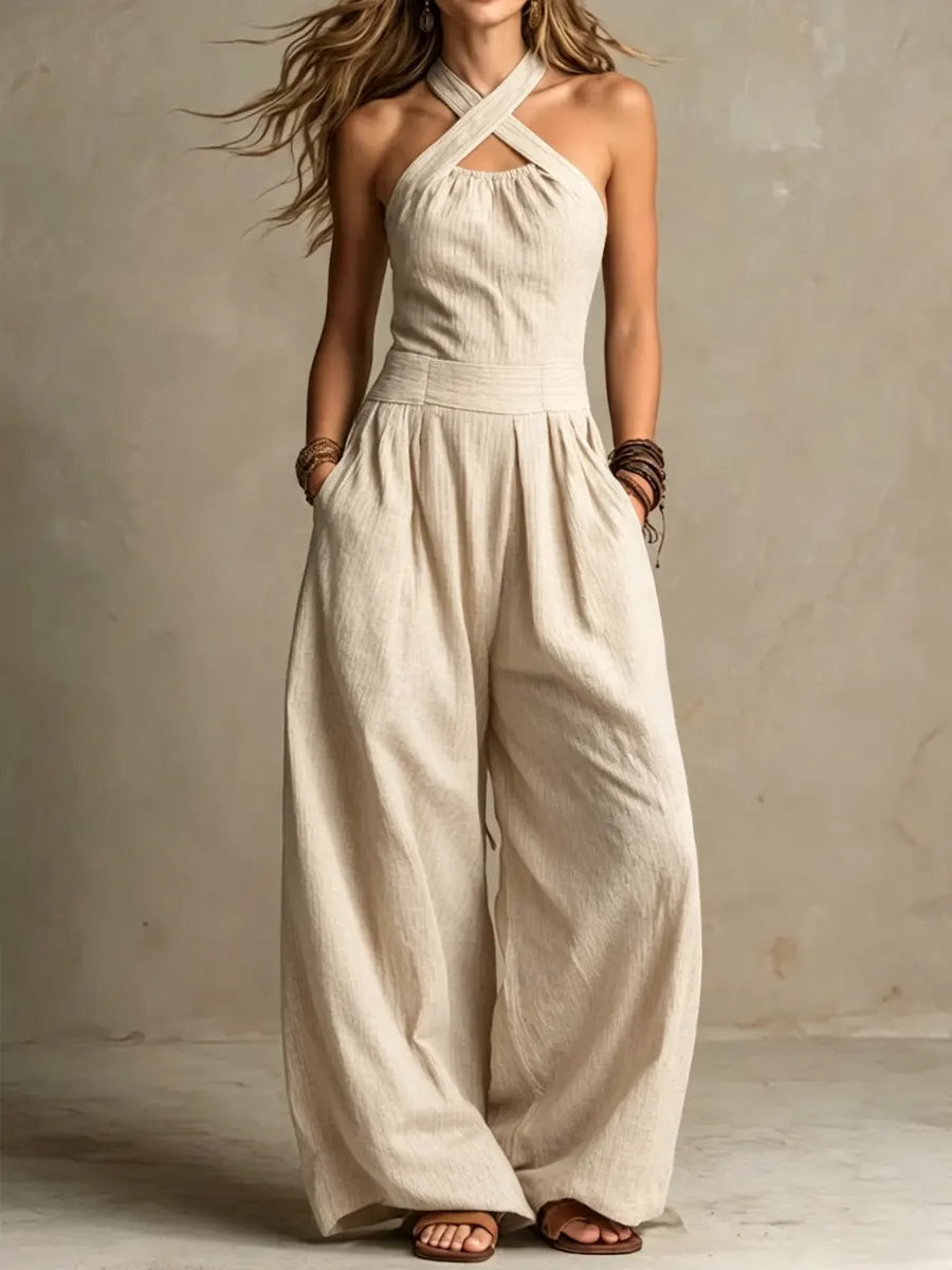 Women's Cross-neck Halter Design Cotton-linen Jumpsuit