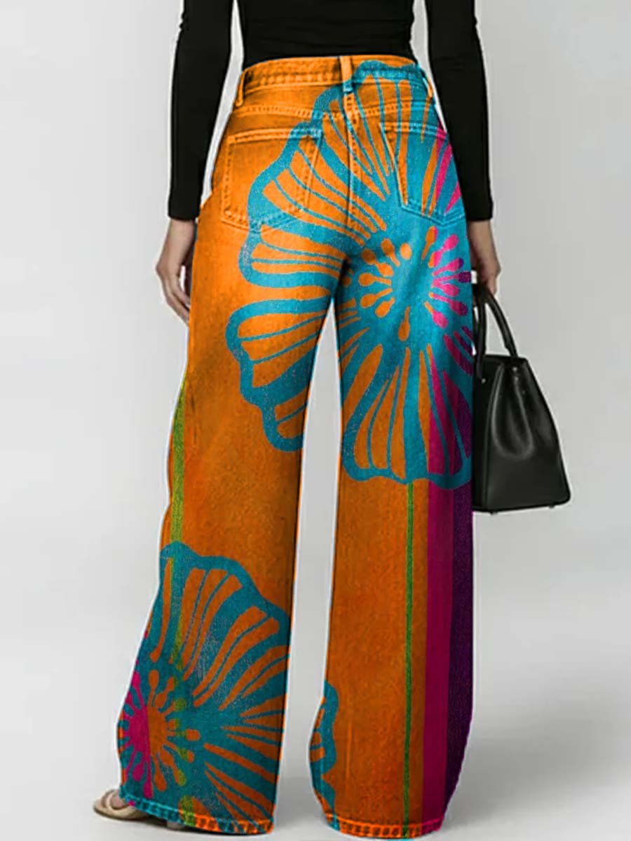 Women's Retro Floral Art Print Casual Stylish Hollow Denim Pants