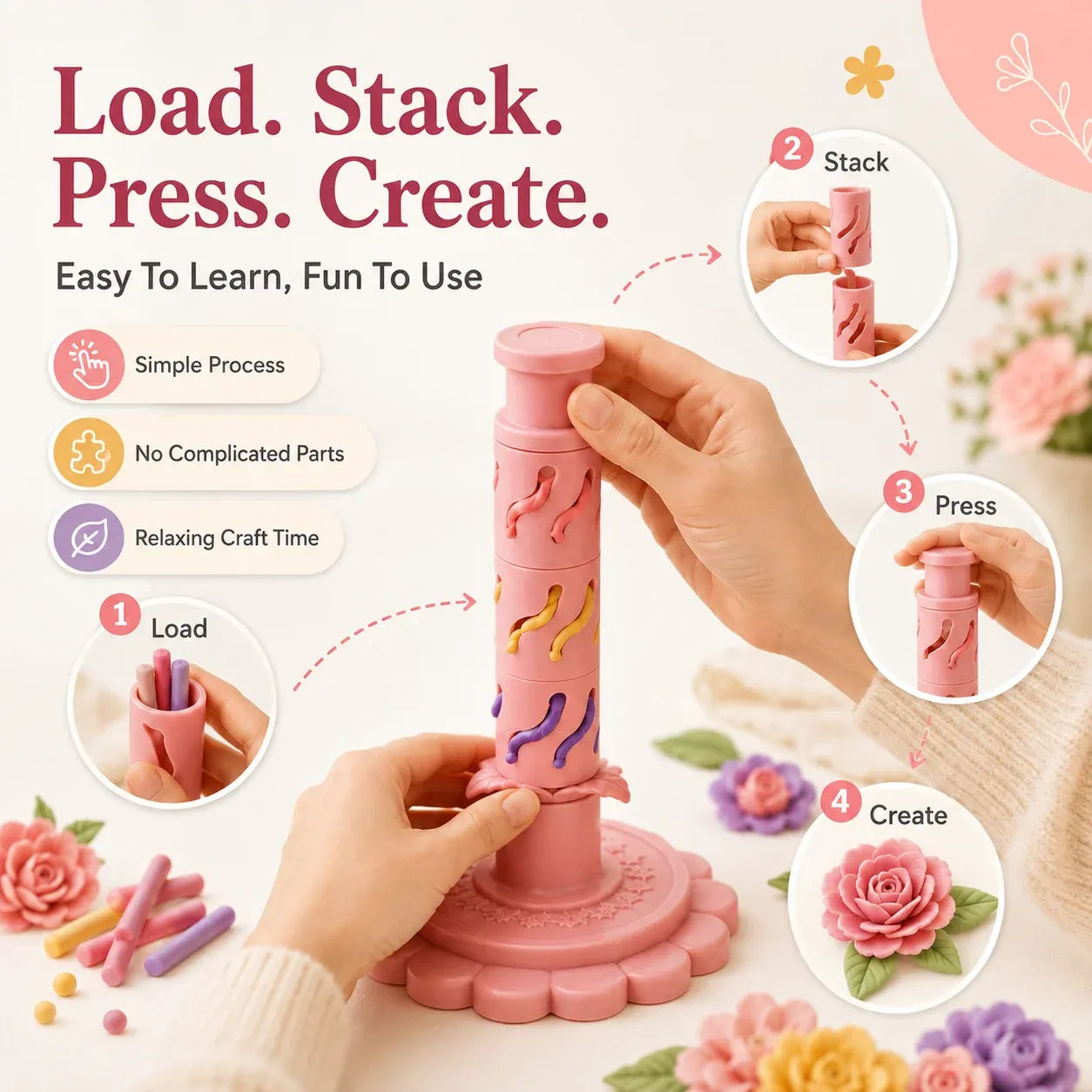 ⏳ Last Day 49% OFF – 🌸 Beginner-Friendly Clay Bloom Maker Set | Reusable 3D-Printed Flower Shaping Tool with Interchangeable Sleeves & 12/24-Color Modeling Clay Included ✨