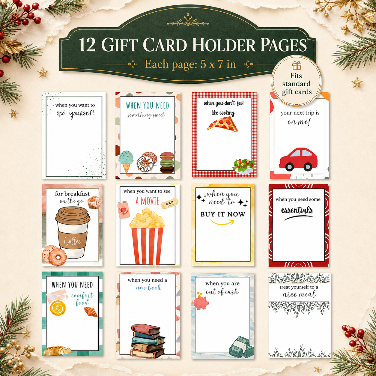 Twelve gift card pages and prompts