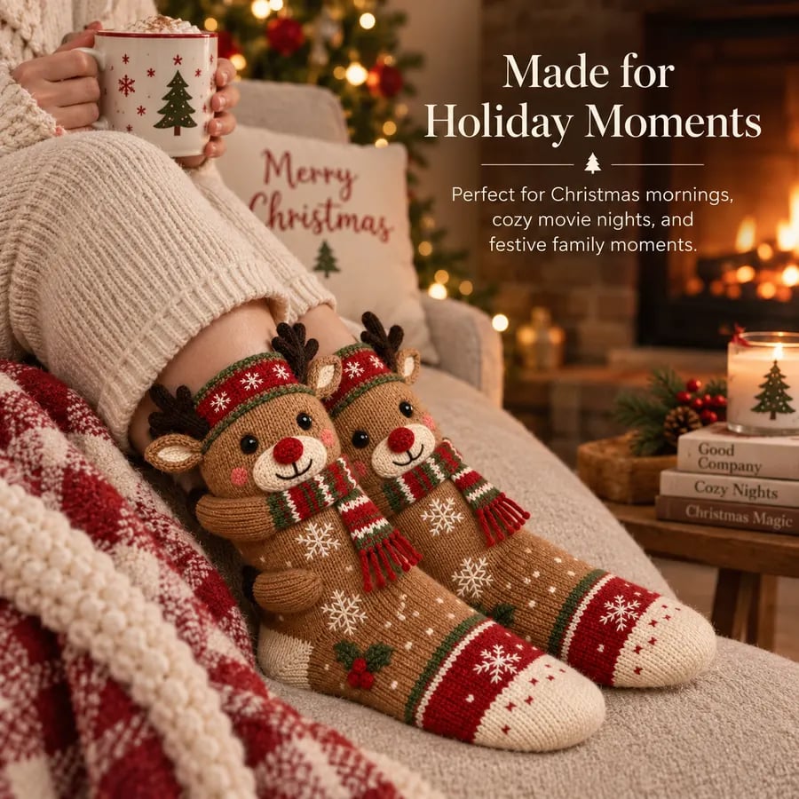Reindeer 3D Christmas socks worn beside a fireplace