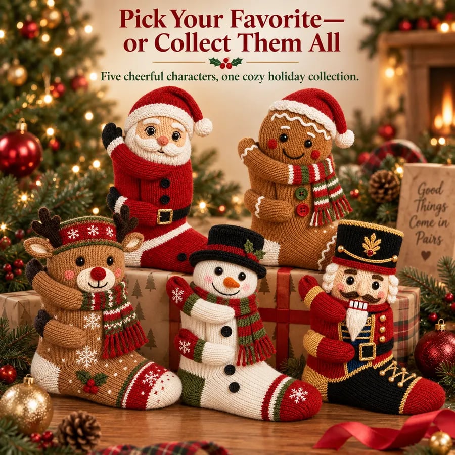 Complete collection of five 3D hugging Christmas sock designs