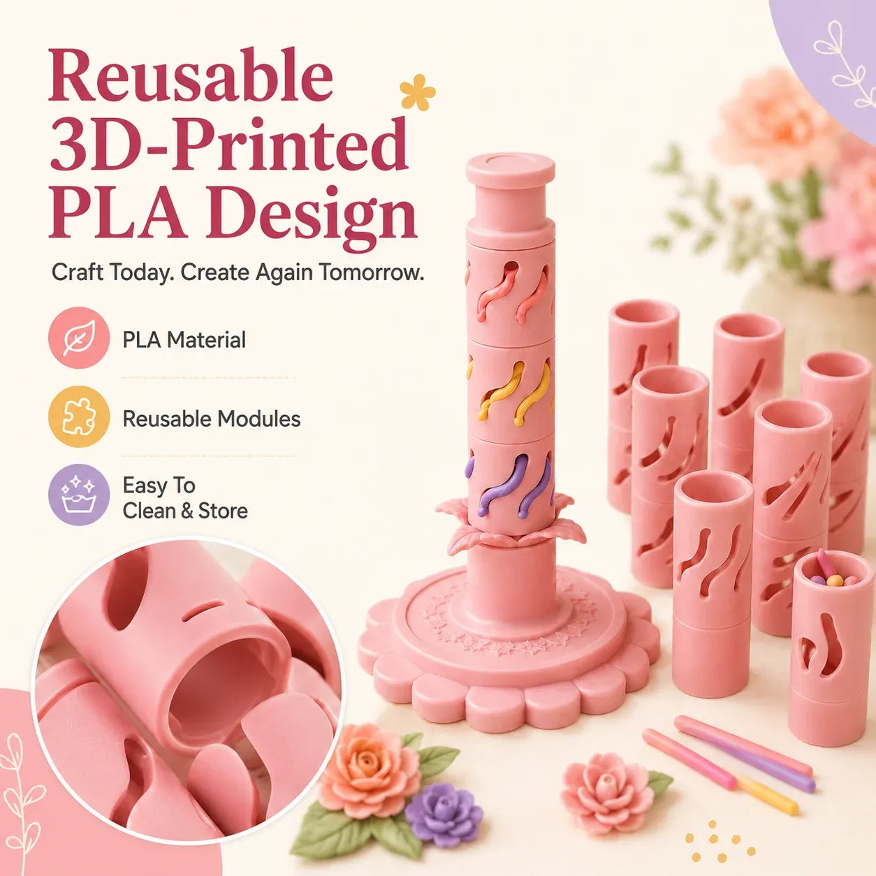 ⏳ Last Day 49% OFF – 🌸 Beginner-Friendly Clay Bloom Maker Set | Reusable 3D-Printed Flower Shaping Tool with Interchangeable Sleeves & 12/24-Color Modeling Clay Included ✨