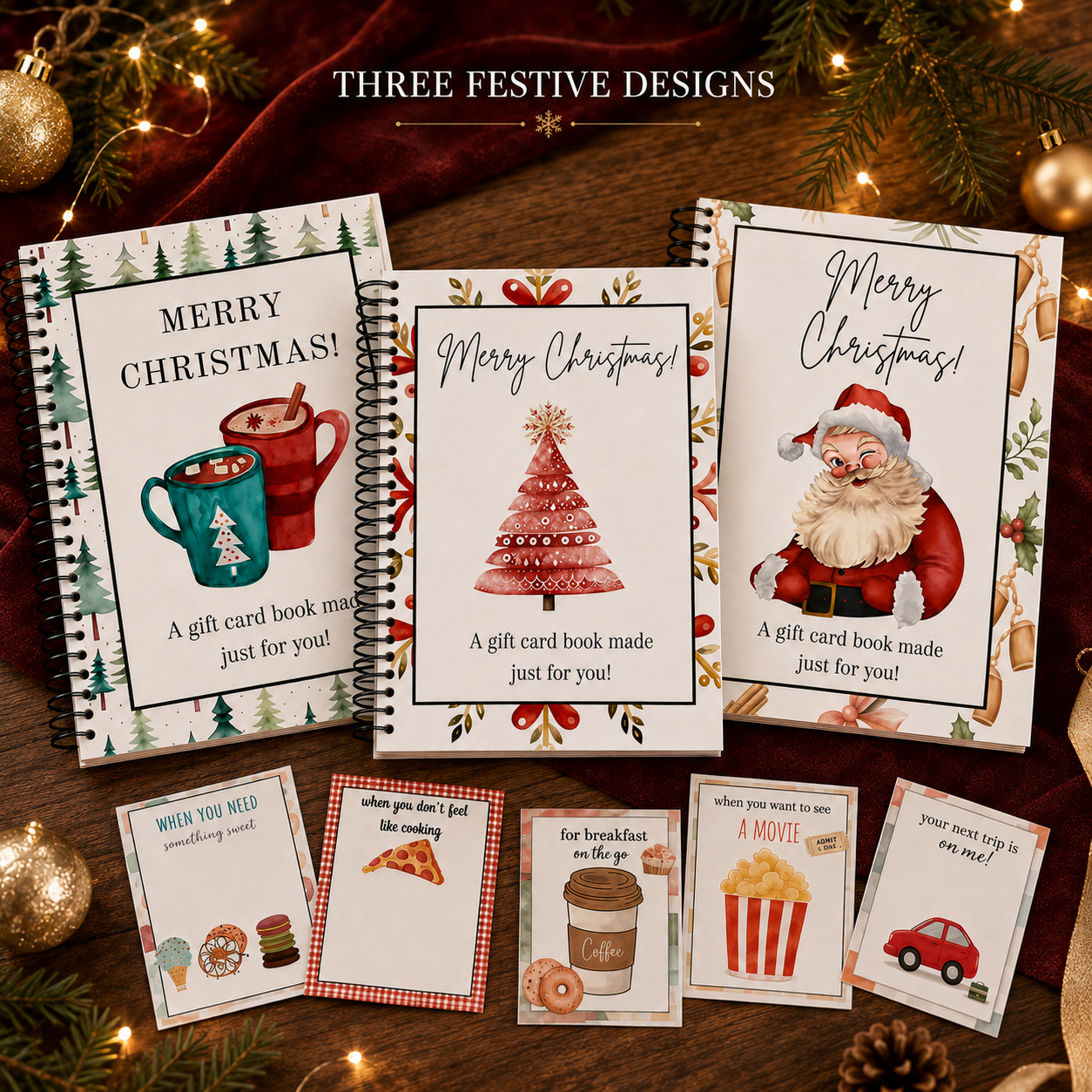 Three Christmas gift card book cover designs