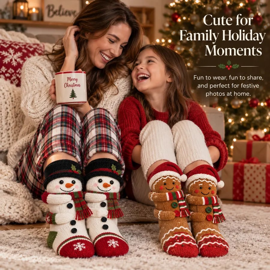 Mother and child wearing different 3D Christmas sock designs