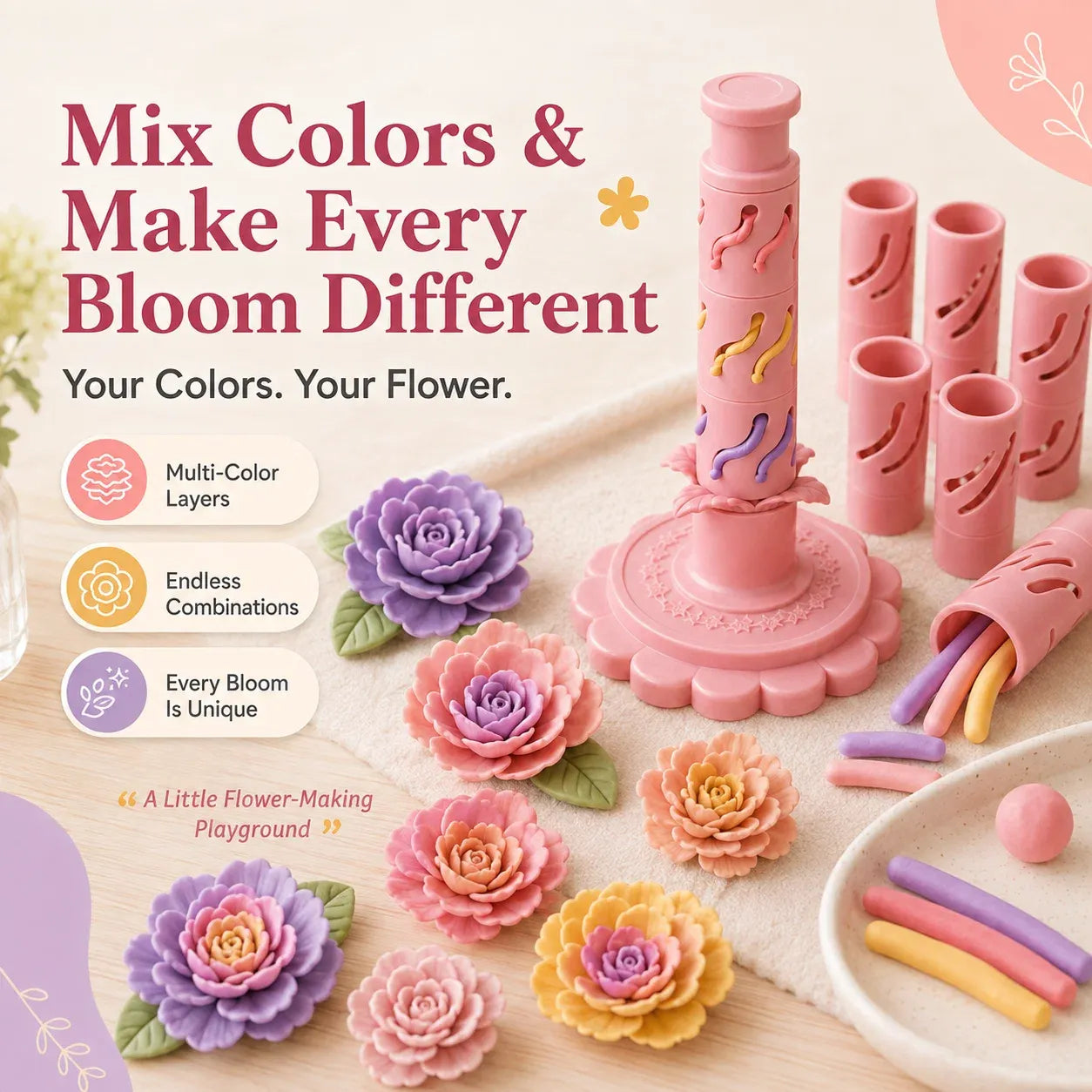 ⏳ Last Day 49% OFF – 🌸 Beginner-Friendly Clay Bloom Maker Set | Reusable 3D-Printed Flower Shaping Tool with Interchangeable Sleeves & 12/24-Color Modeling Clay Included ✨