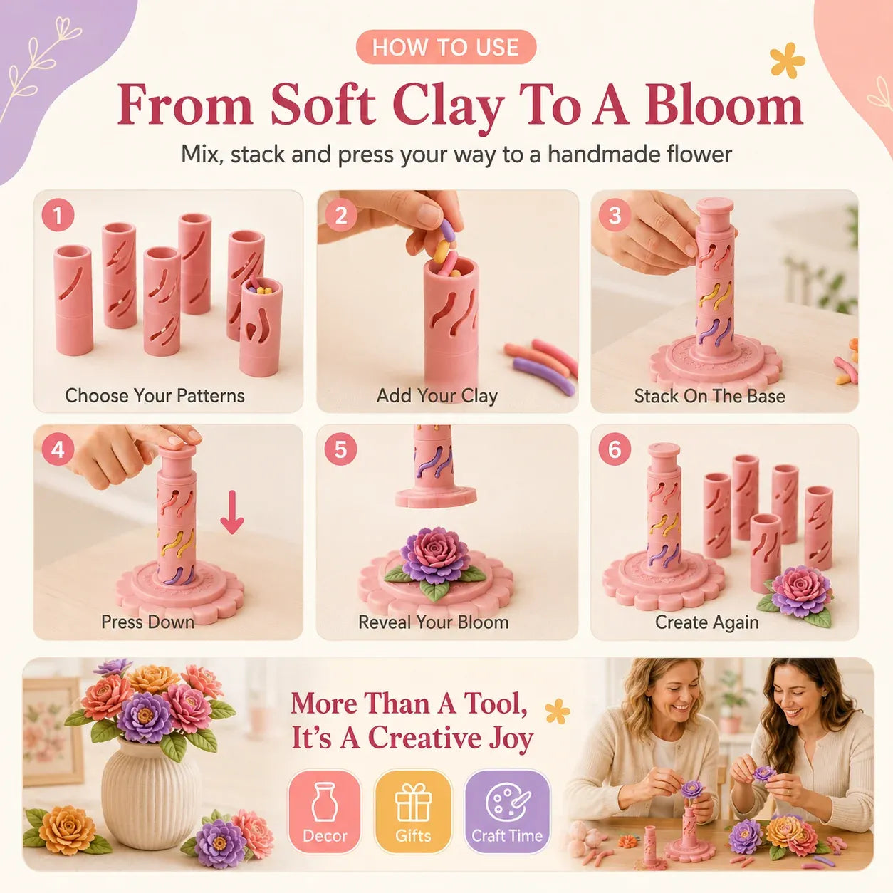 ⏳ Last Day 49% OFF – 🌸 Beginner-Friendly Clay Bloom Maker Set | Reusable 3D-Printed Flower Shaping Tool with Interchangeable Sleeves & 12/24-Color Modeling Clay Included ✨