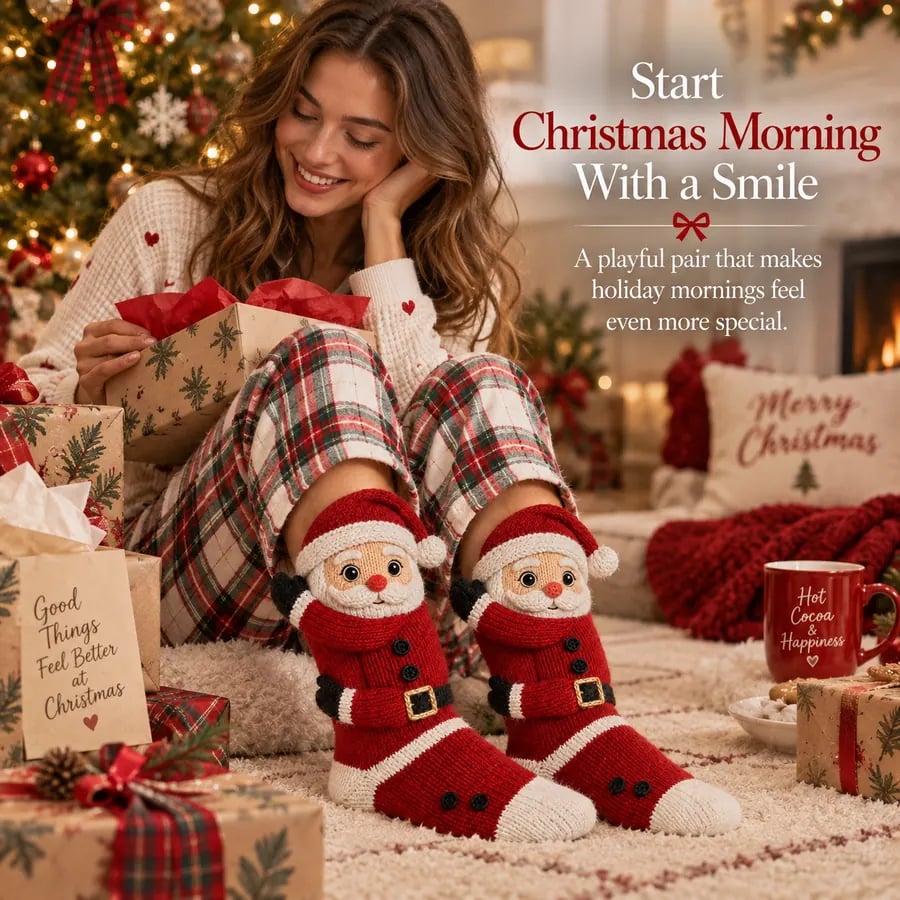 Woman wearing Santa socks while opening Christmas gifts