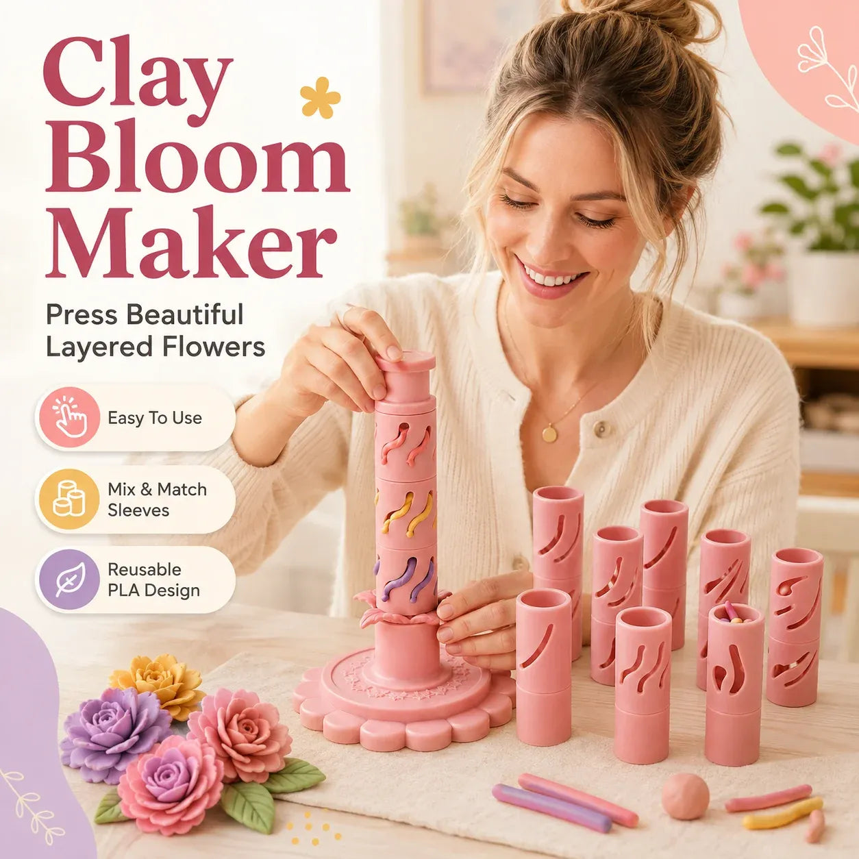 ⏳ Last Day 49% OFF – 🌸 Beginner-Friendly Clay Bloom Maker Set | Reusable 3D-Printed Flower Shaping Tool with Interchangeable Sleeves & 12/24-Color Modeling Clay Included ✨