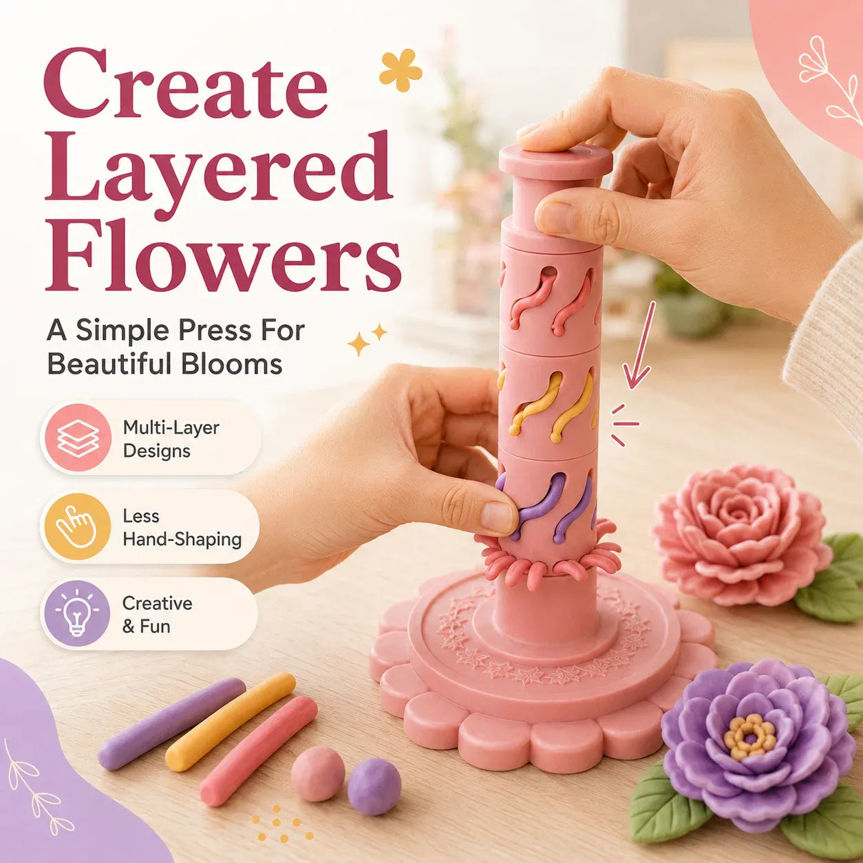 ⏳ Last Day 49% OFF – 🌸 Beginner-Friendly Clay Bloom Maker Set | Reusable 3D-Printed Flower Shaping Tool with Interchangeable Sleeves & 12/24-Color Modeling Clay Included ✨