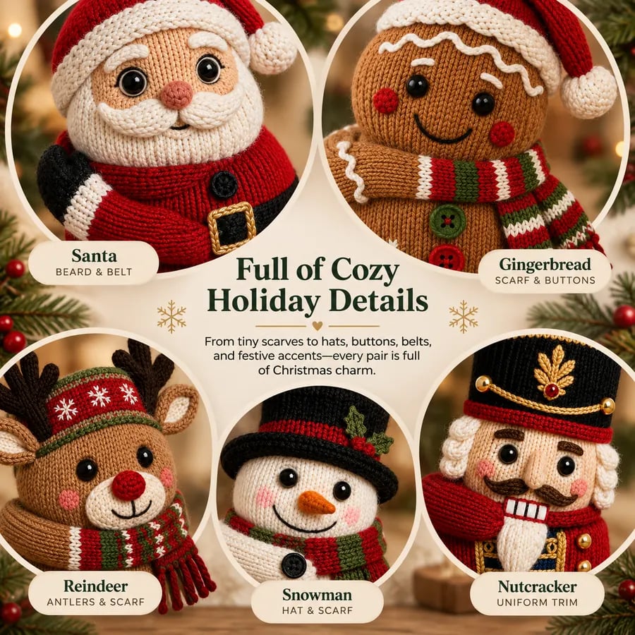 Close-up knit details across all five holiday character sock designs