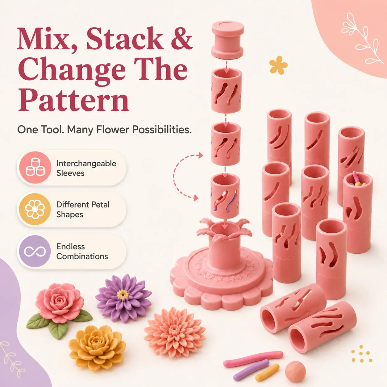⏳ Last Day 49% OFF – 🌸 Beginner-Friendly Clay Bloom Maker Set | Reusable 3D-Printed Flower Shaping Tool with Interchangeable Sleeves & 12/24-Color Modeling Clay Included ✨