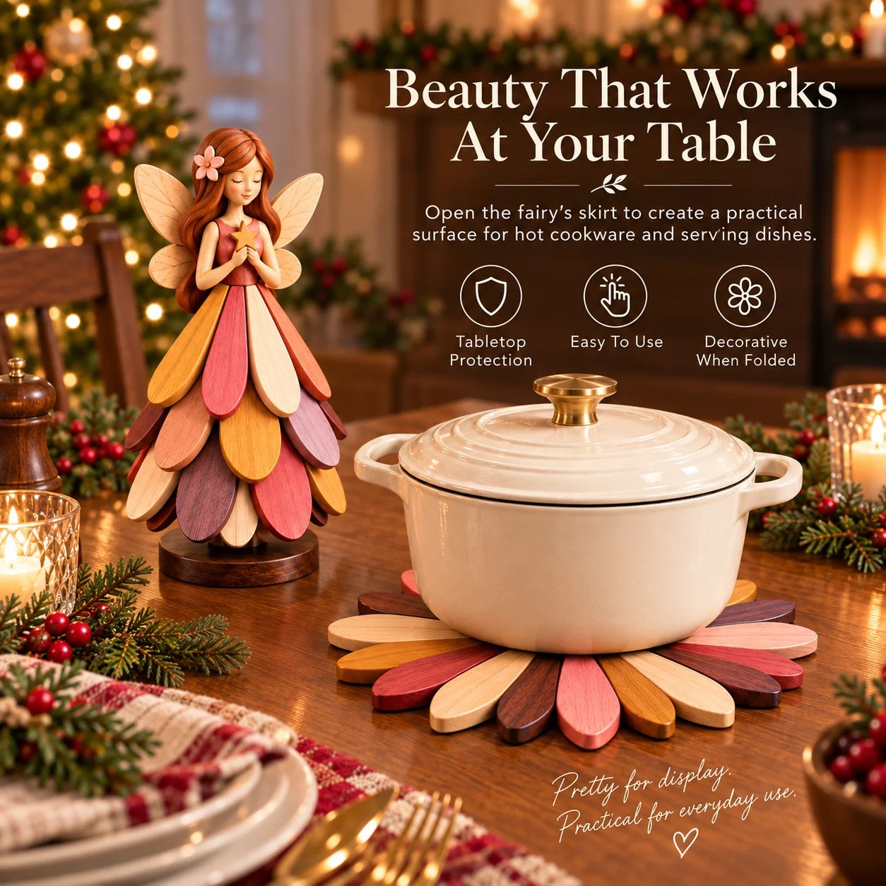 Fairy Bloom tabletop trivet in use