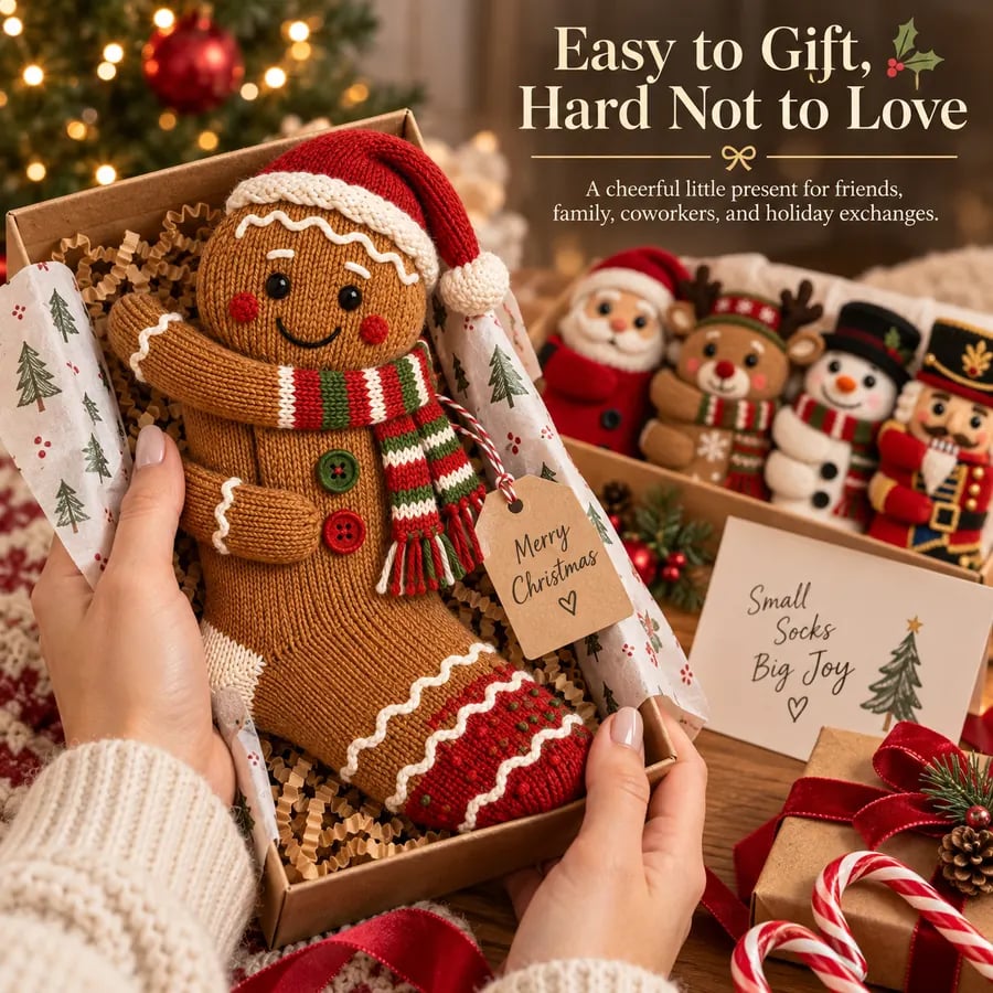 Gingerbread Christmas socks ready to gift in a festive box