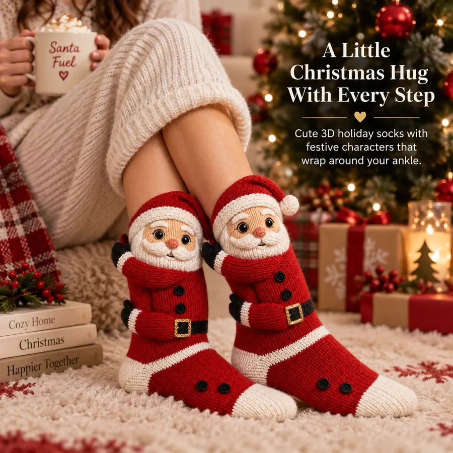 Santa 3D hugging Christmas socks worn in a cozy holiday setting