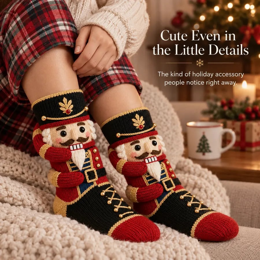 Nutcracker Christmas socks close-up showing dimensional knit details