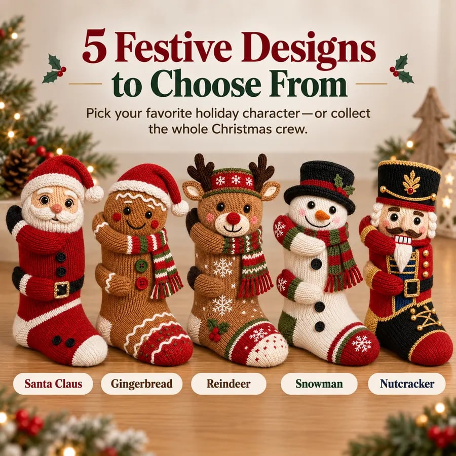 Five Christmas sock designs: Santa, Gingerbread, Reindeer, Snowman, and Nutcracker