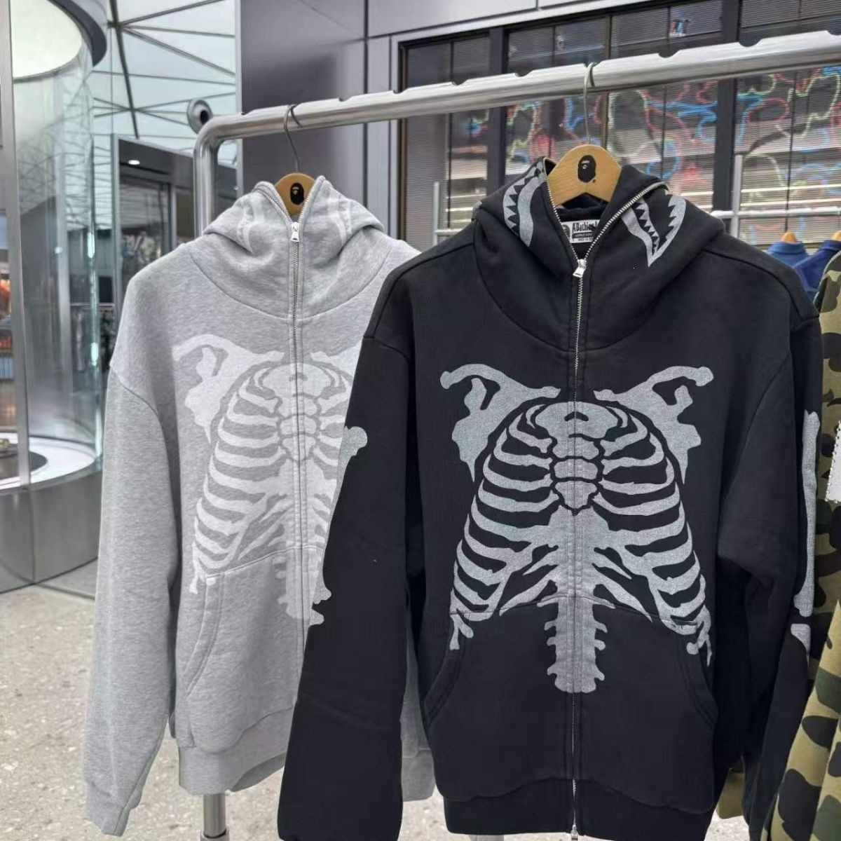 Lngshot ryul inspired shark heavy bape skeleton full zip hoodie