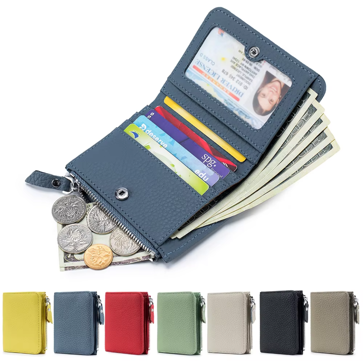 Genuine leather short wallet with RFID function, bank card and credit card holder