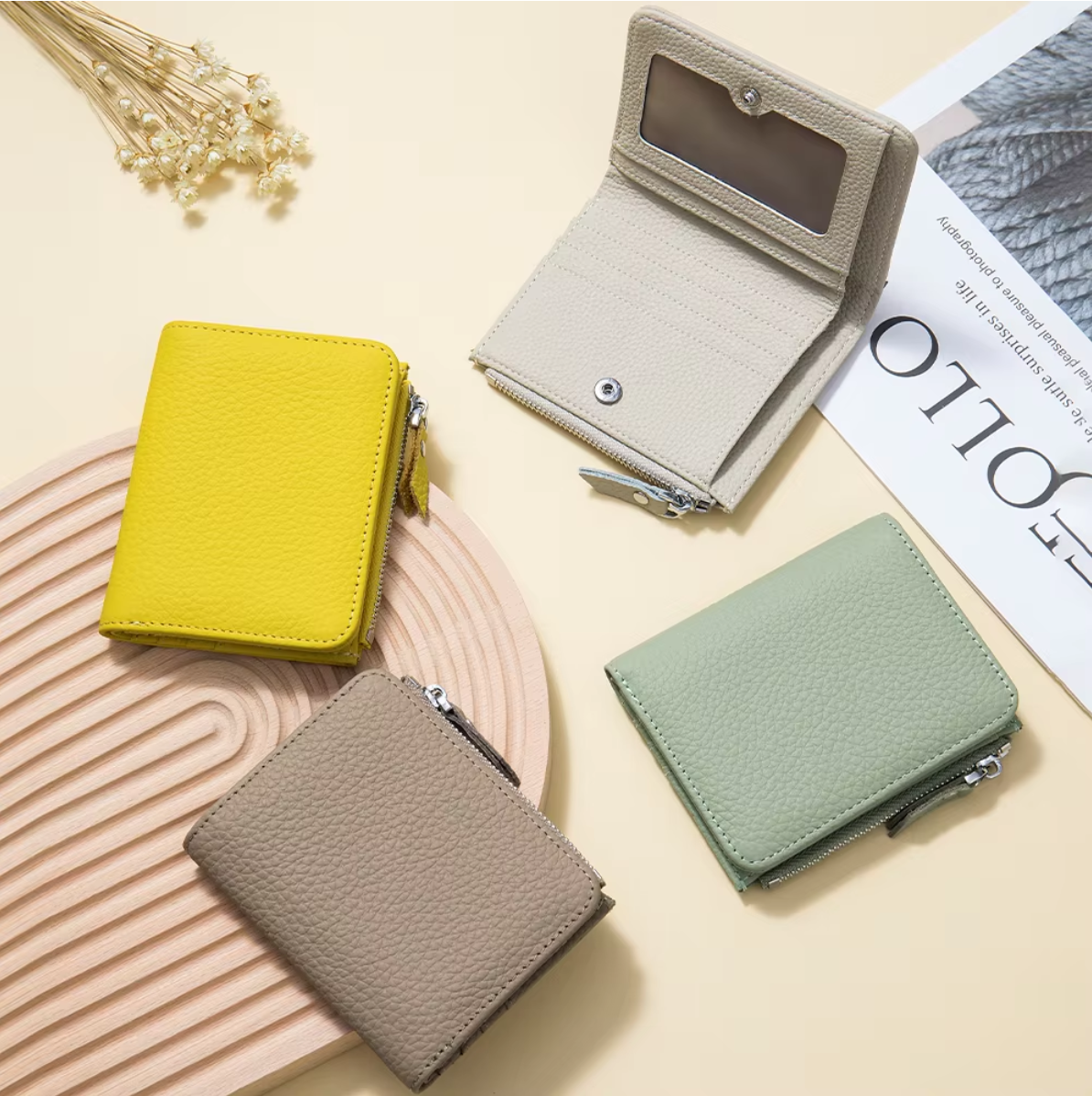 Genuine leather short wallet with RFID function, bank card and credit card holder