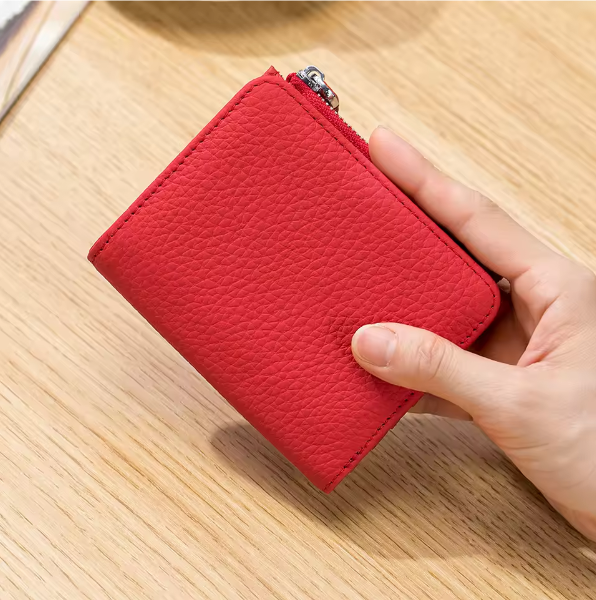 Genuine leather short wallet with RFID function, bank card and credit card holder