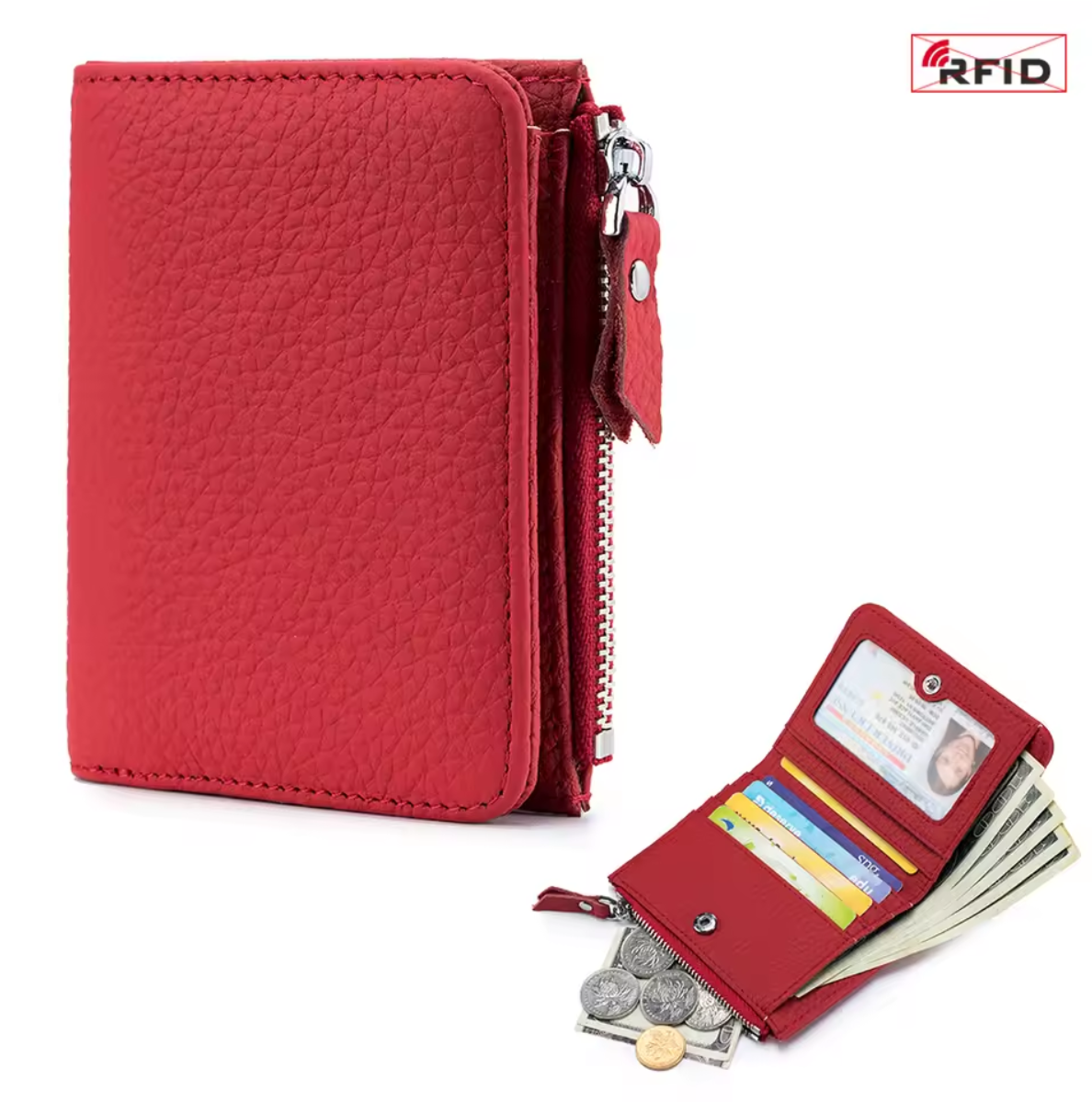Genuine leather short wallet with RFID function, bank card and credit card holder