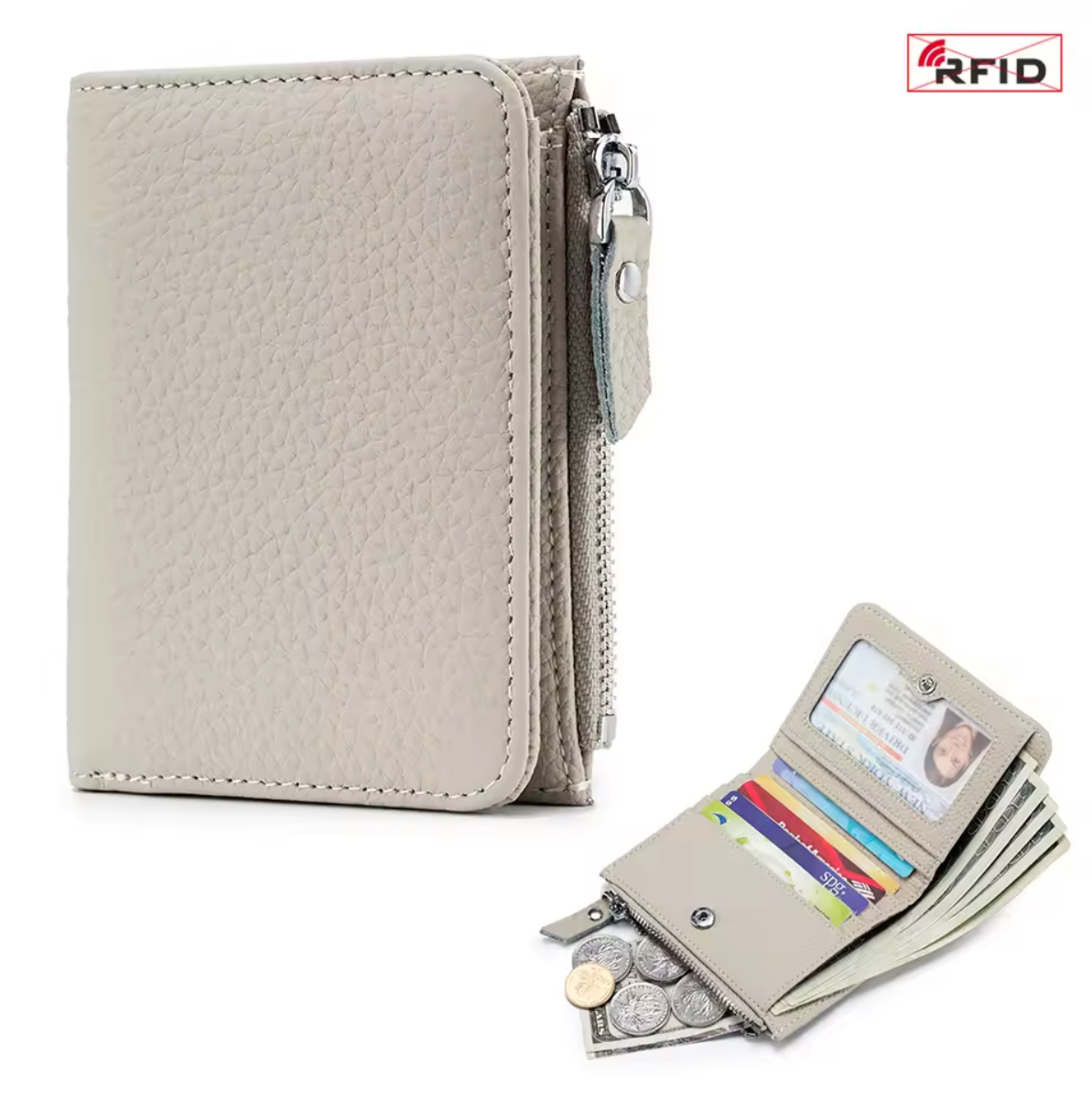 Genuine leather short wallet with RFID function, bank card and credit card holder