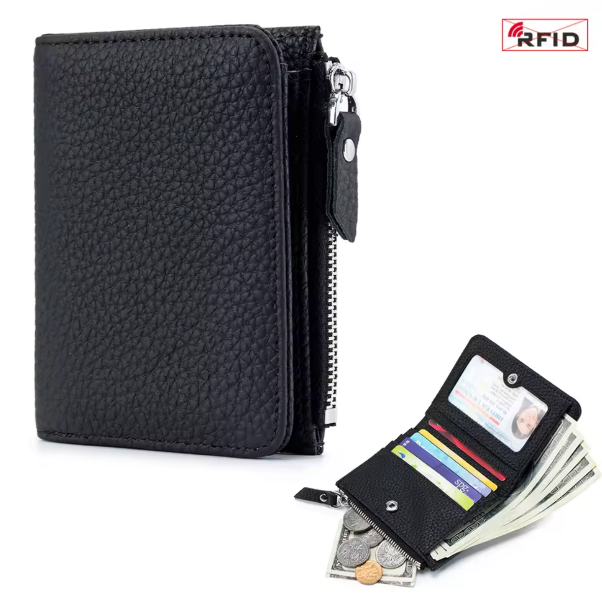 Genuine leather short wallet with RFID function, bank card and credit card holder