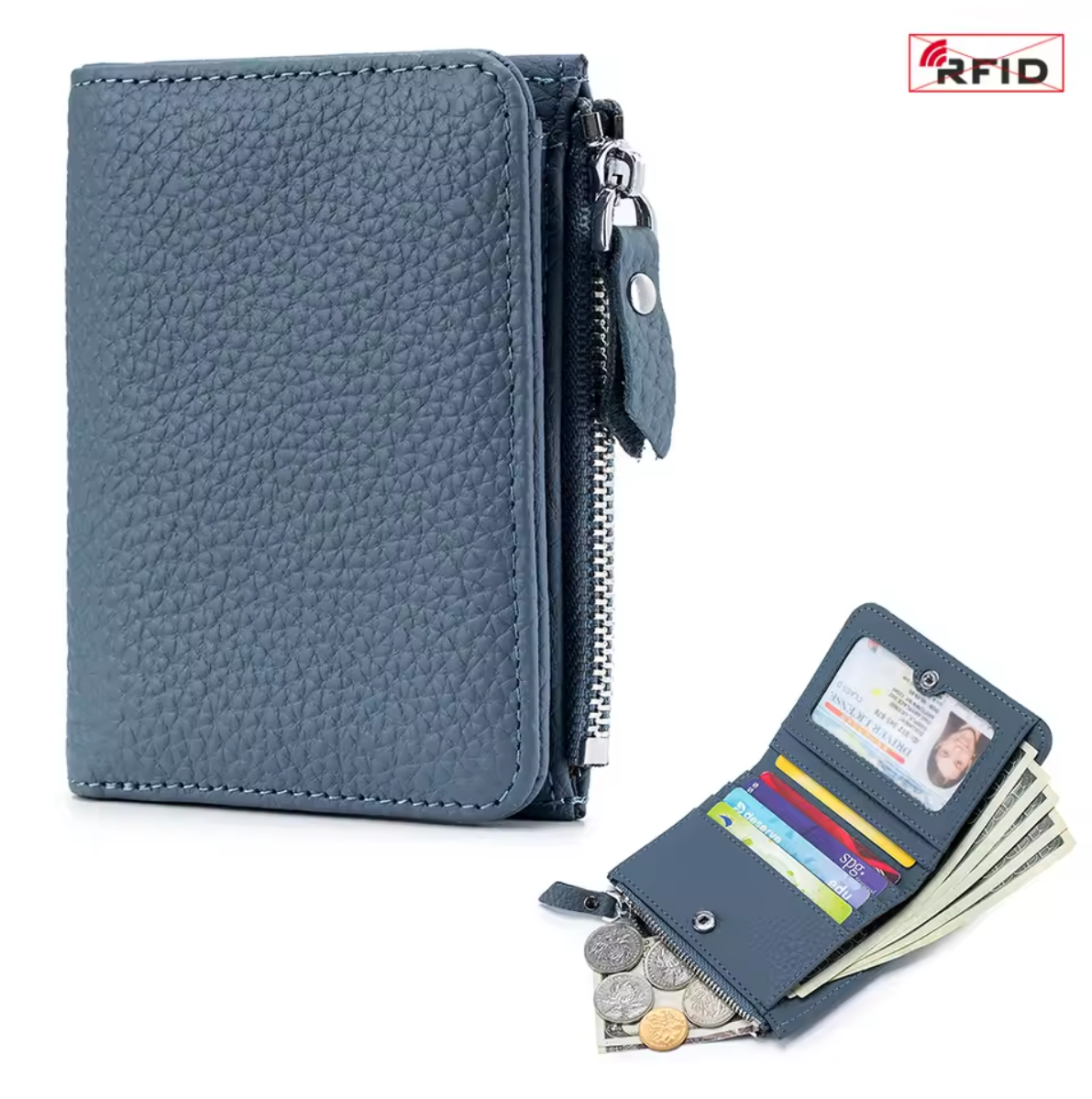 Genuine leather short wallet with RFID function, bank card and credit card holder