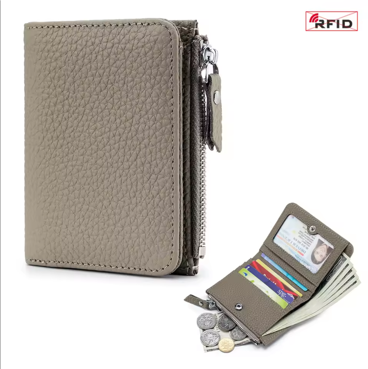Genuine leather short wallet with RFID function, bank card and credit card holder