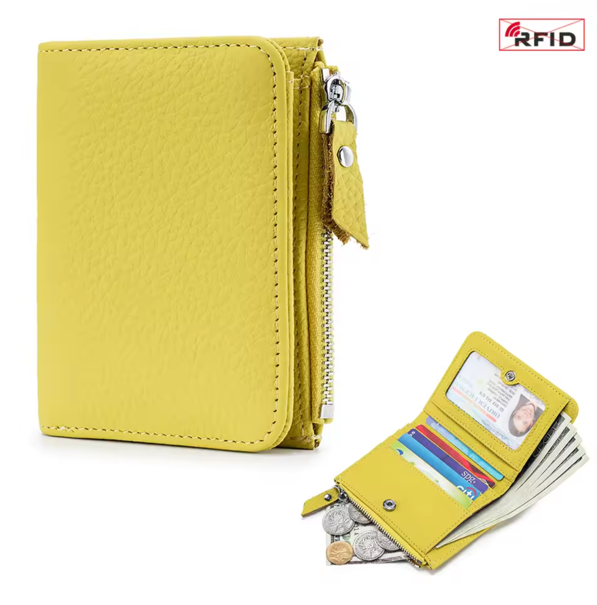 Genuine leather short wallet with RFID function, bank card and credit card holder