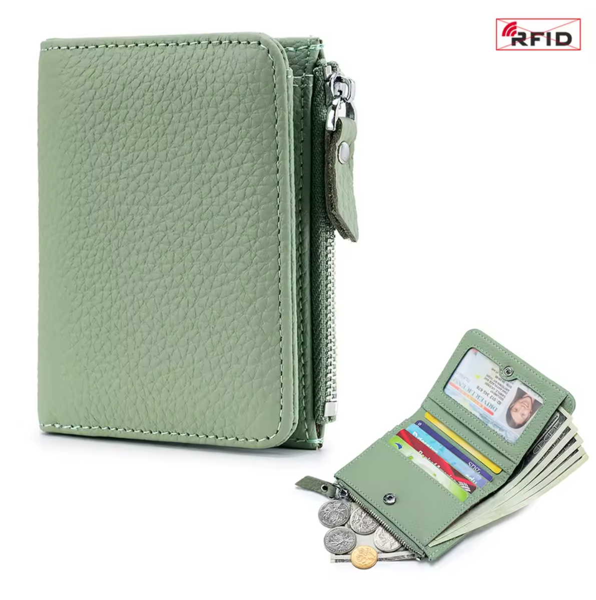 Genuine leather short wallet with RFID function, bank card and credit card holder