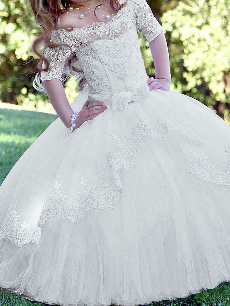 Ball-Gown Off-the-Shoulder 1/2 Sleeves Applique Sweep Train Tulle Flower Girl Dress