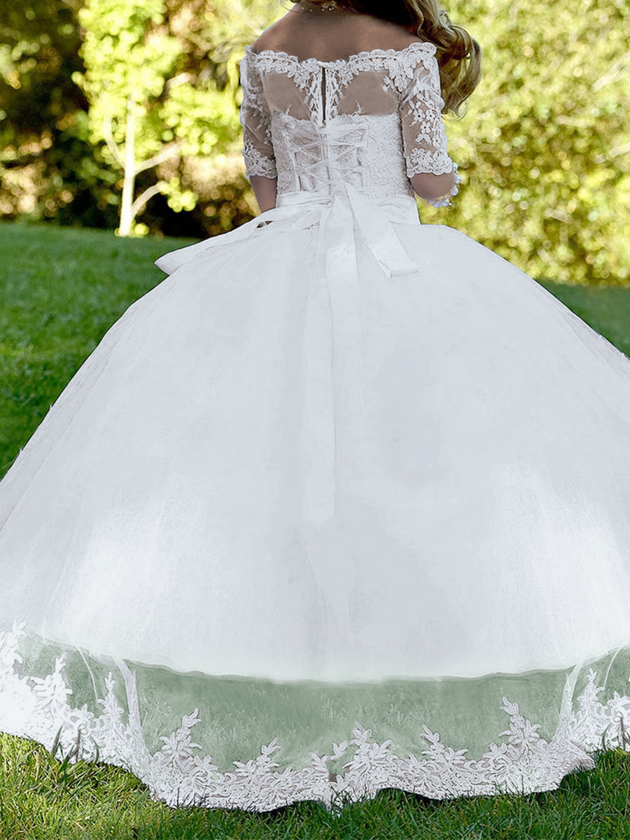Ball-Gown Off-the-Shoulder 1/2 Sleeves Applique Sweep Train Tulle Flower Girl Dress