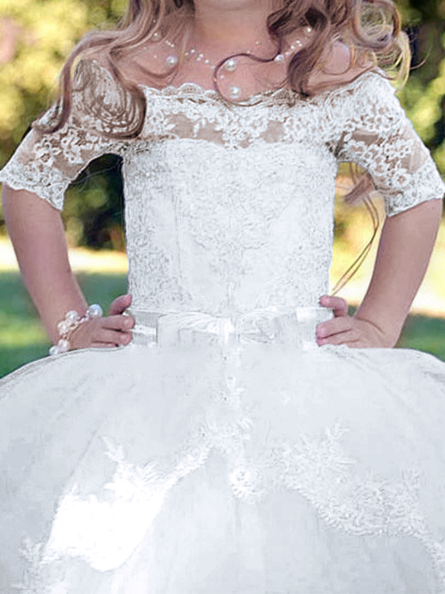 Ball-Gown Off-the-Shoulder 1/2 Sleeves Applique Sweep Train Tulle Flower Girl Dress
