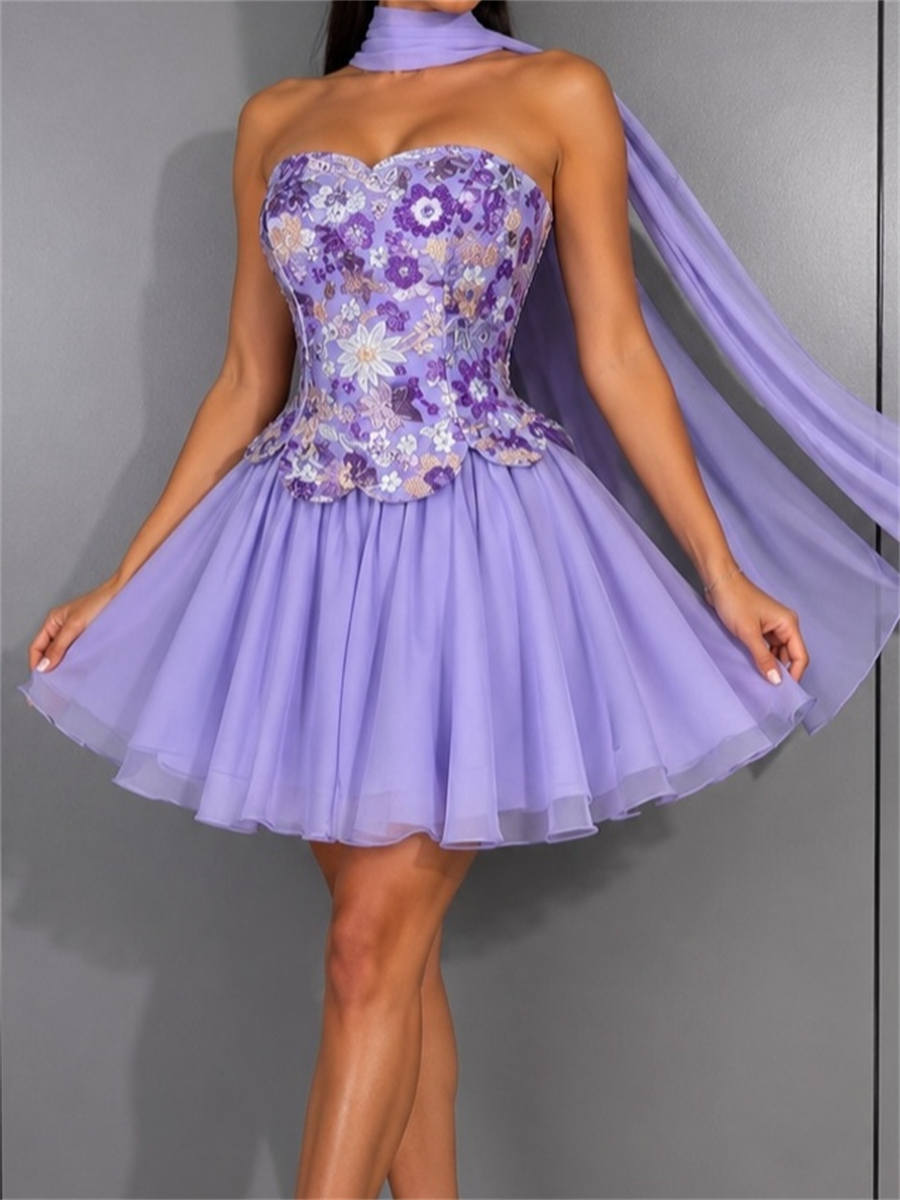 A-line Straight Appliques Lace Short/Mini 30D Chiffon Corset Homecoming Dress