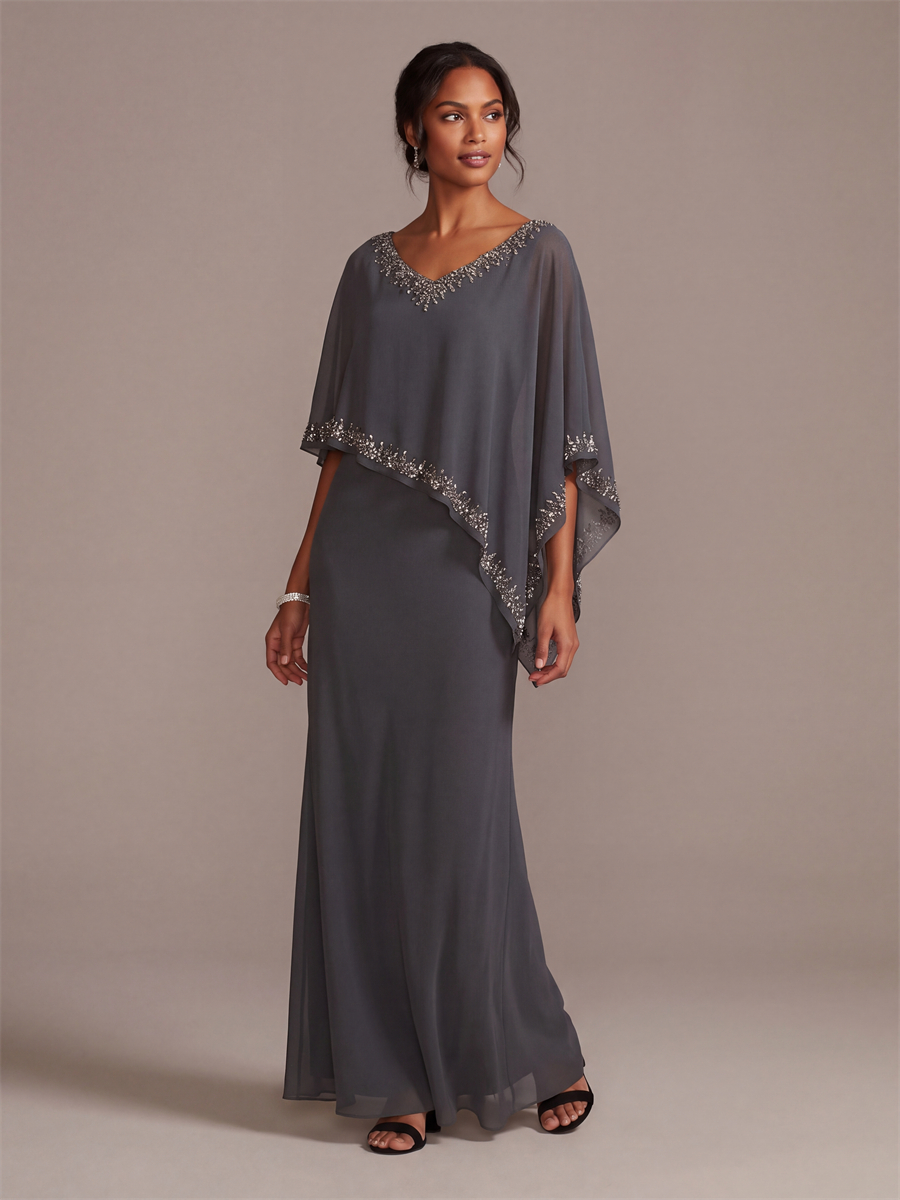 Sheath V-neck 1/2 Sleeves Ruffles Floor-Length Chiffon Mother of the Bride Dress