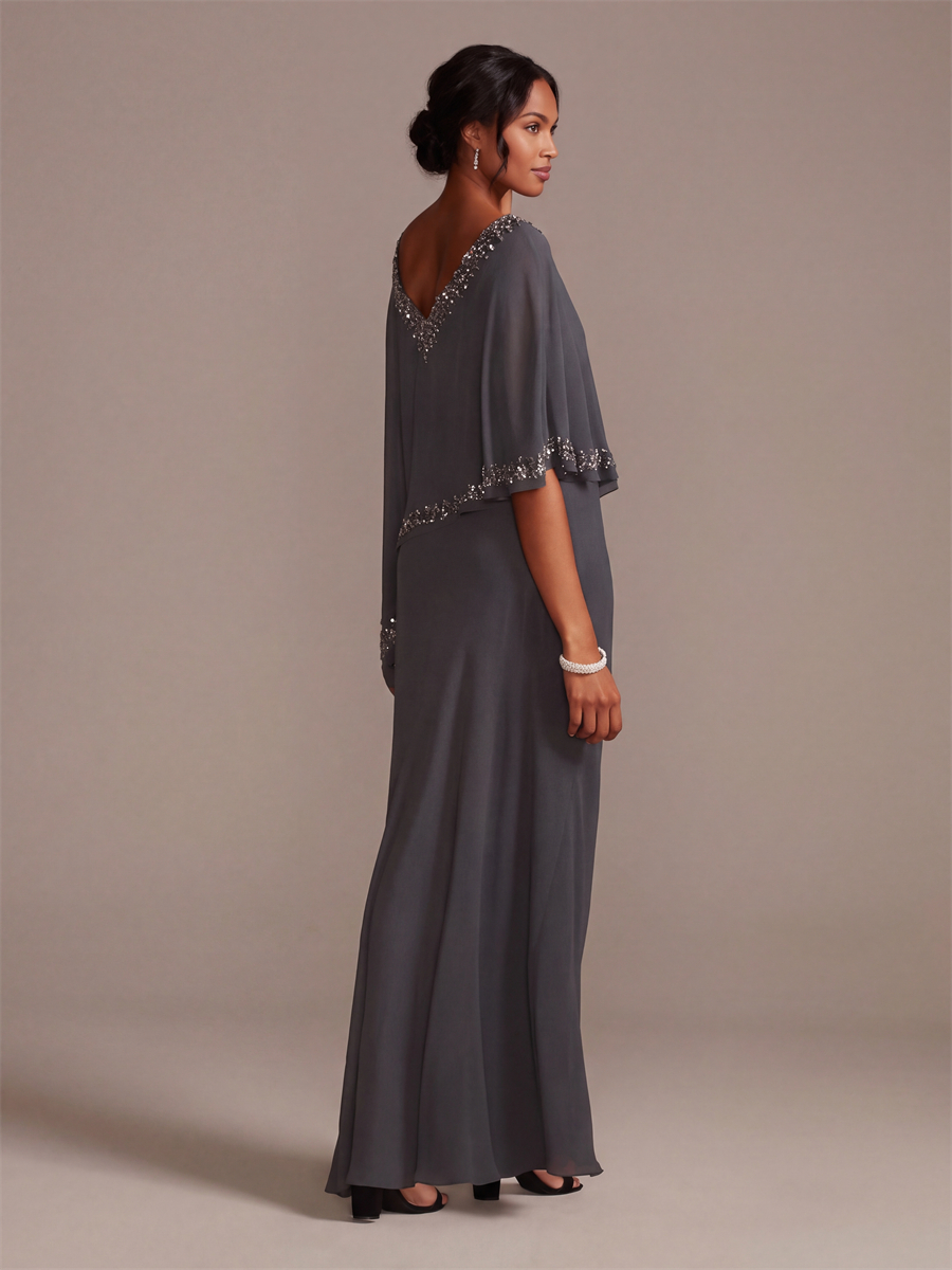 Sheath V-neck 1/2 Sleeves Ruffles Floor-Length Chiffon Mother of the Bride Dress