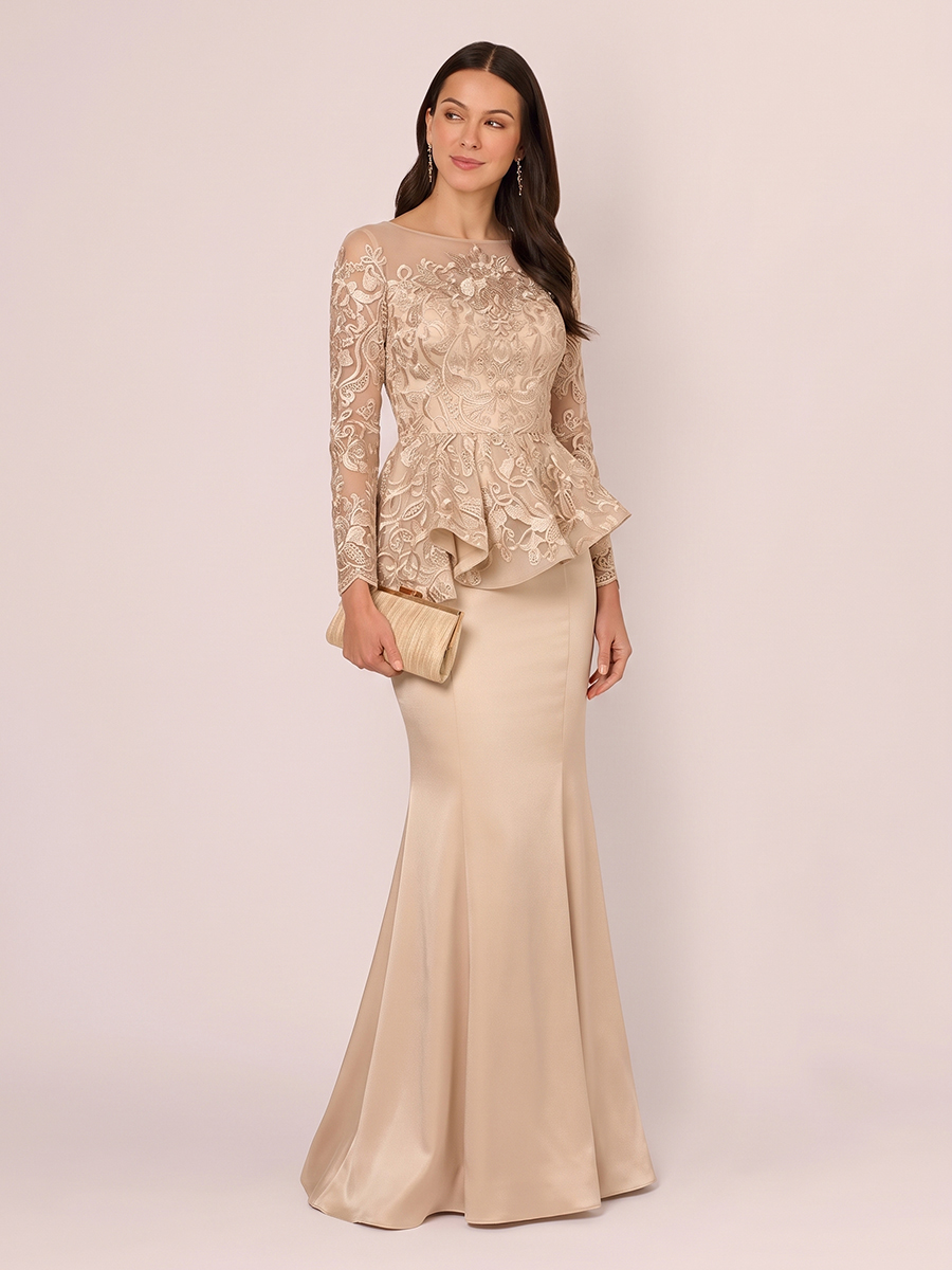 Sheath Scoop Long Sleeves Appliques Lace Floor-Length Stretch Crepe Corset Mother of the Bride Dress