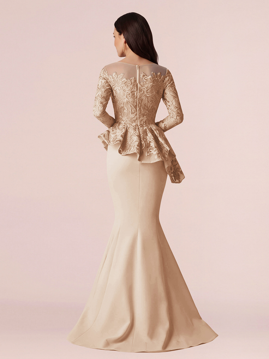 Sheath Scoop Long Sleeves Appliques Lace Floor-Length Stretch Crepe Corset Mother of the Bride Dress