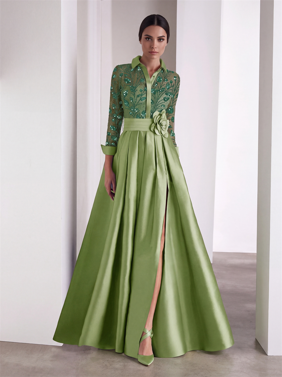 A-line High Neck Long Sleeves Flower Floor-Length Satin Corset Mother of the Bride Dress