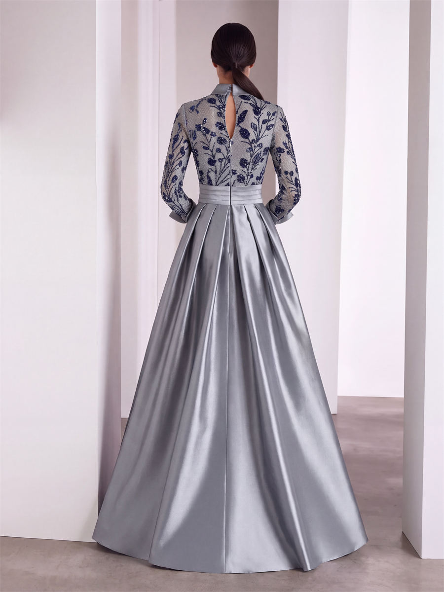 A-line High Neck Long Sleeves Flower Floor-Length Satin Corset Mother of the Bride Dress