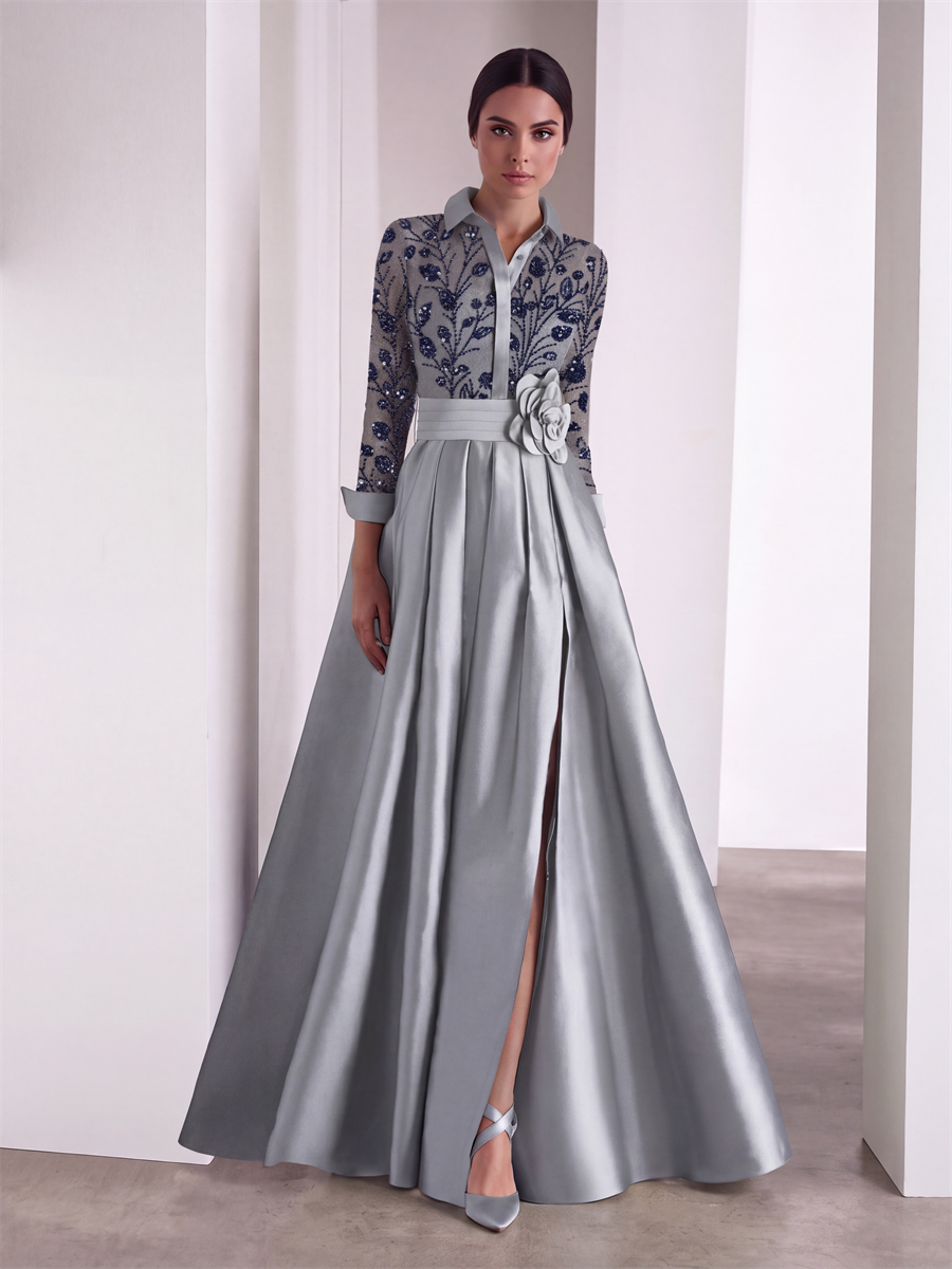 A-line High Neck Long Sleeves Flower Floor-Length Satin Corset Mother of the Bride Dress