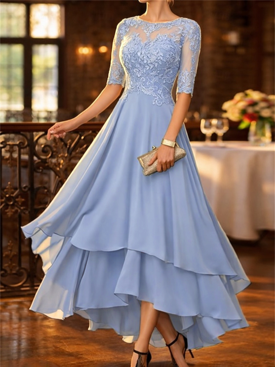A-line Scoop 1/2 Sleeves Appliques Lace Asymmetrical Satin Chiffon Corset Mother of the Bride Dress